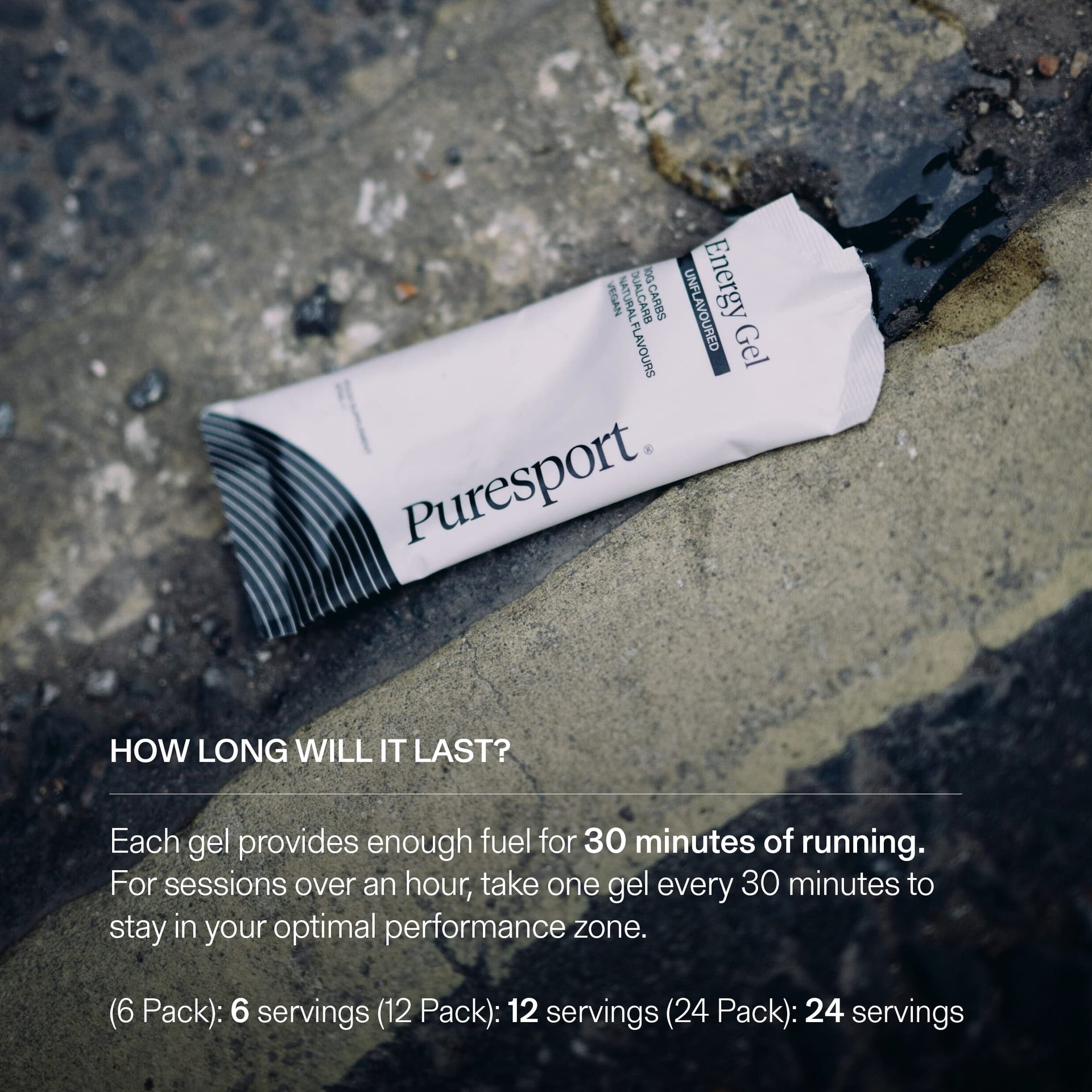 Puresport energy gel packaging on a concrete surface with text about duration of use while running. 