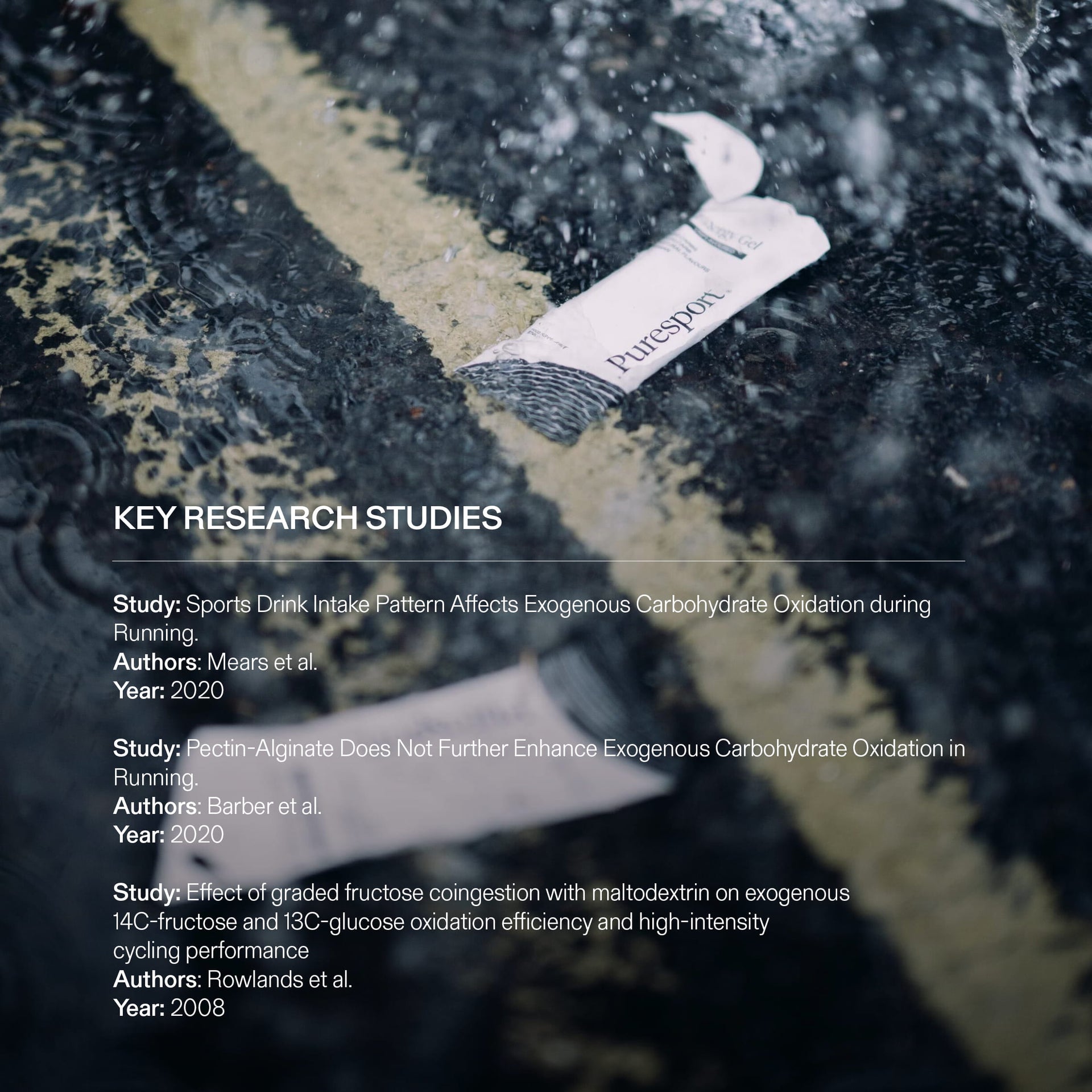 Close-up of a Puresport energy gel with text about research studies.