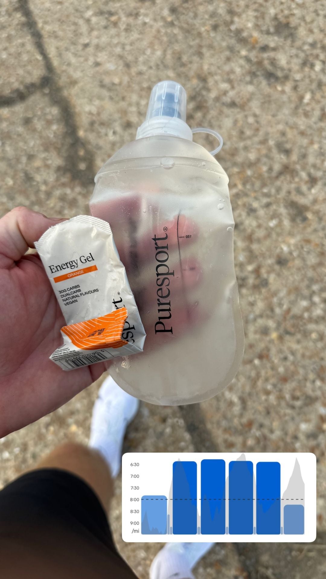 Hand holding a Puresport hydration bottle and an Puresport Energy Gel on a concrete surface with strava stats.