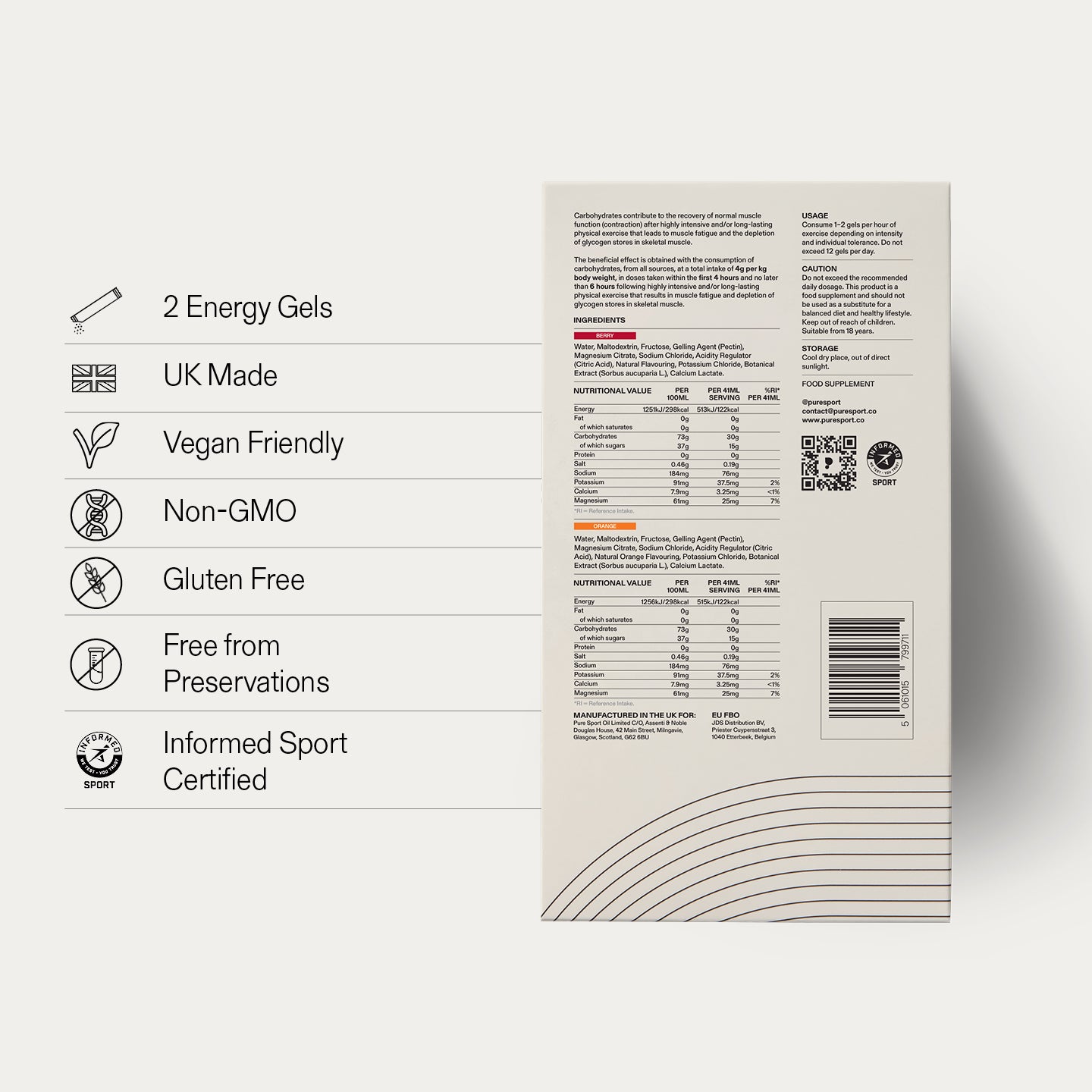 Product packaging of carb gels for running nutritional information and certification logos on a light grey background