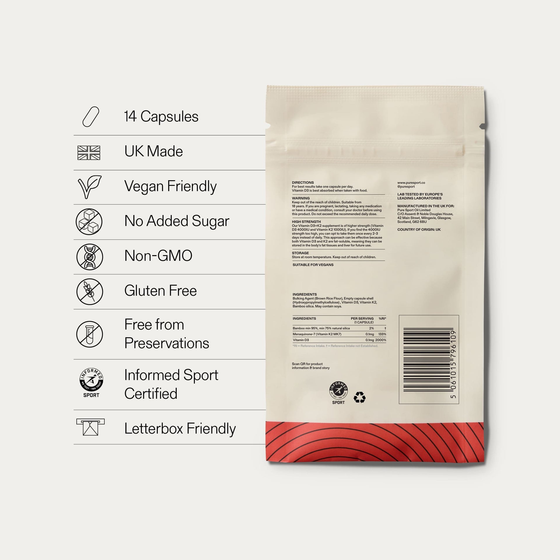 Beige packaging of Vitamin D3+K2 with nutritional information on a white background