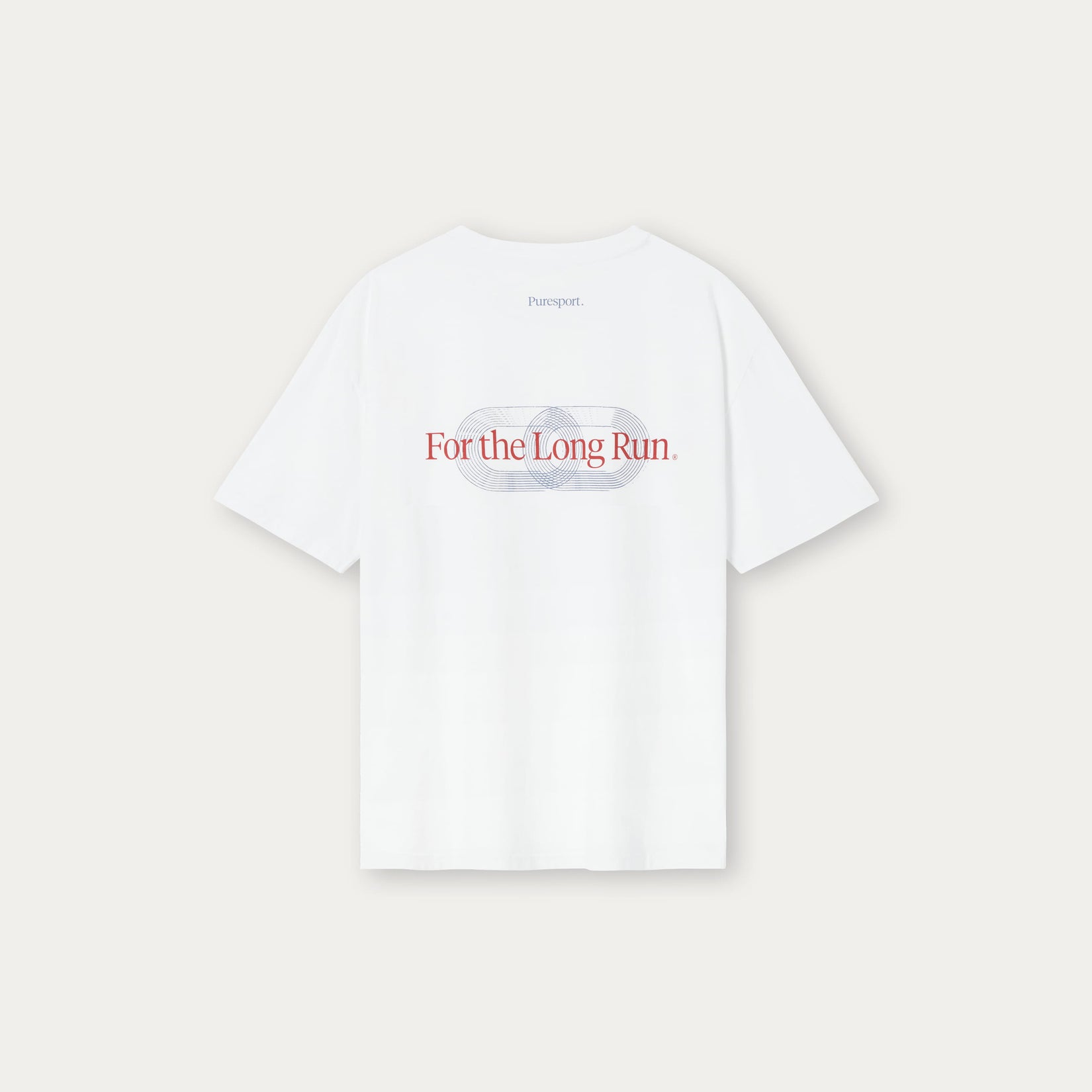 White t-shirt with red text 'For the Long Run' on a light gray background
