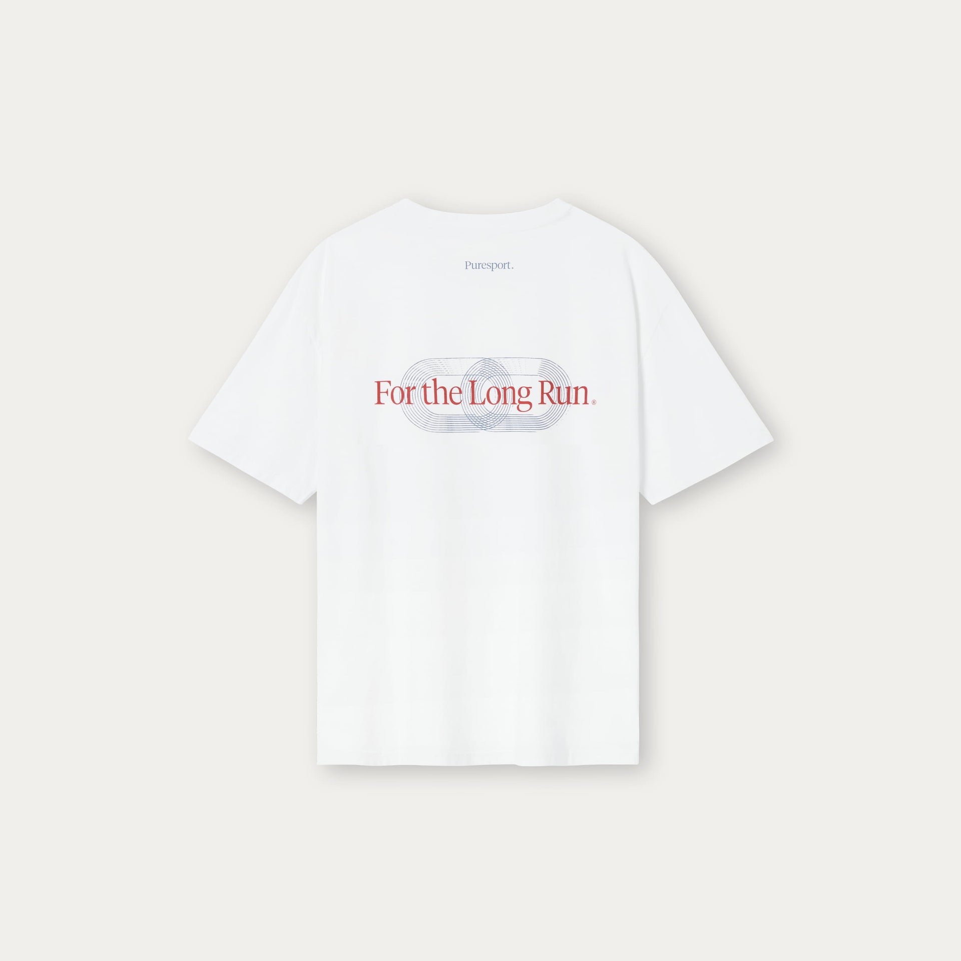 White t-shirt with red text 'For the Long Run' on a light gray background