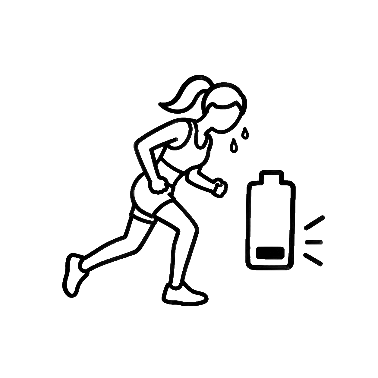 Line drawing of a fatigued runner next to a low battery