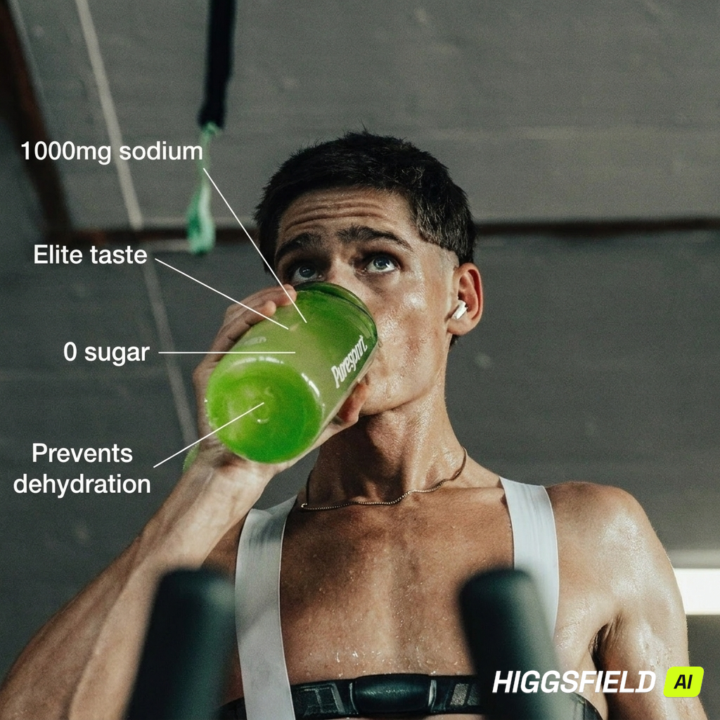 Sweaty runner drinking Puresport Ultra Electrolytes from a green bottle during training